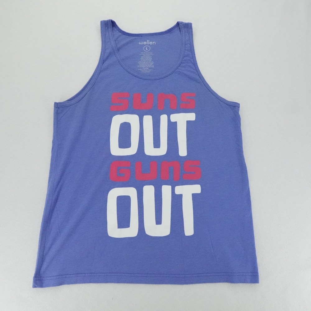 Wellen Tank Top Mens Large Blue Suns Out Guns Out Graphic Muscle Tee